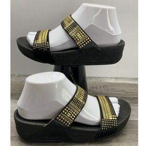 FitFlop Lulu Studded Slide Sandals Black Gold Microwobbleboard 419-001 Womens 7